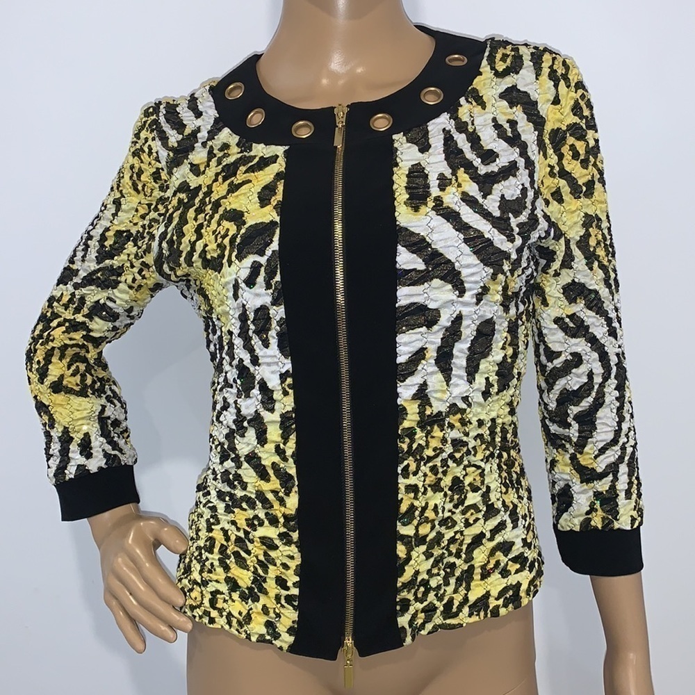 JOSEPH RIBKOFF Yellow tiger Animal Print Zip Up Dressy Sequin Jacket size 8